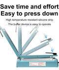 Top Shelf 12 Inch Manual Pulse Sealer Heavy Duty All Steel Gear For Plastic And Shrink Bags Adjustable Temperature Dial Built Like A Tank Comes With On The Fly Repair Kit In Blue, showing easy press down mechanism.
