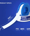 One Half Inch By Five Hundred Twenty Inch PTFE Thread Sealant Tape For Leak Proof Pipe Threads Water And Gas Line Plumbing Tape For Shower Heads Fittings And Faucets product image showing tape spool and specifications.