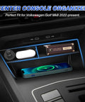 Center Console Organizer for VW Golf GTI R MK8 2022 2026 with Non Slip Silicone Mat Storage Tray Insert displayed in vehicle interior