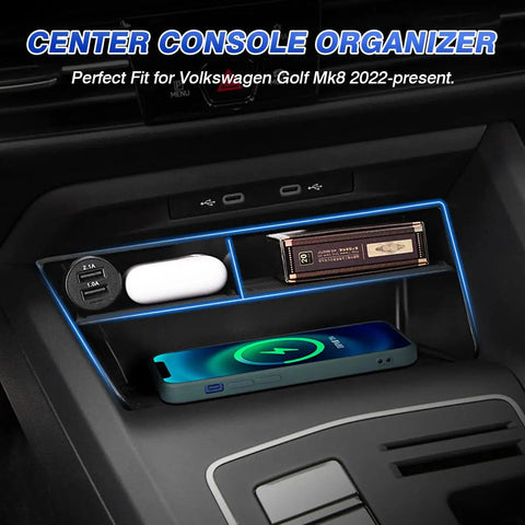 Center Console Organizer for VW Golf GTI R MK8 2022 2026 with Non Slip Silicone Mat Storage Tray Insert displayed in vehicle interior