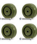 4 Inch By 1.5 Inch High Temp Green Epoxy Caster Wheels Set Of 4 For Industrial Bakery And Oven Racks With 3/8 Inch Bore Bearings And 2800 Lbs Capacity, Shock Resistant And Chemical Resistant.