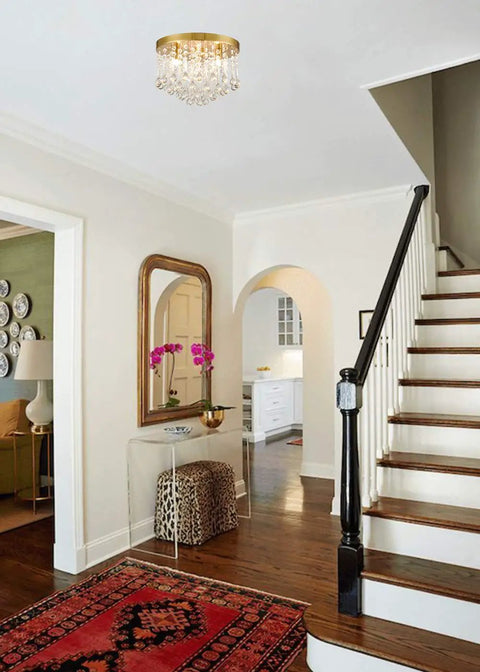 Entryway with Three Light Crystal Chandelier With Brass Finish Flush Mount Ceiling Light Fixture For Living Room Bedroom Kitchen Dining Area Showpiece With Sparkling Crystals And Sleek Industrial Vibe