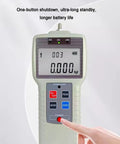 Push And Pull Force Gauge With Real Time Peak And Auto Peak Modes Digital Force Meter Supporting N Kg And Lb Units LCD Display For Tension And Compression Testing 1000N Capacity Easy Unit Conversion Handheld Precision, power button close-up