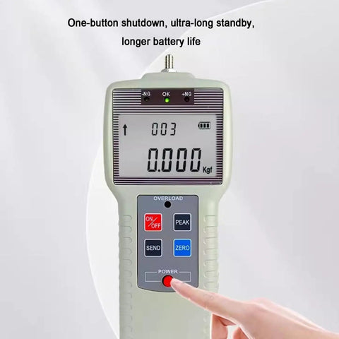 Push And Pull Force Gauge With Real Time Peak And Auto Peak Modes Digital Force Meter Supporting N Kg And Lb Units LCD Display For Tension And Compression Testing 1000N Capacity Easy Unit Conversion Handheld Precision, power button close-up