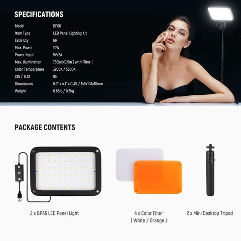 Woman using Two Pack LED Video Panel Light Kit With Desktop Tripod Stands for streaming, with filters and tripod visible.