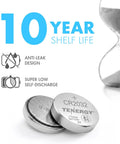 Premium CR2032 Lithium Button Coin Cell Batteries 10 Pack, showcasing anti-leak design and 10-year shelf life.