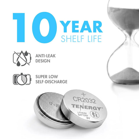 Premium CR2032 Lithium Button Coin Cell Batteries 10 Pack, showcasing anti-leak design and 10-year shelf life.