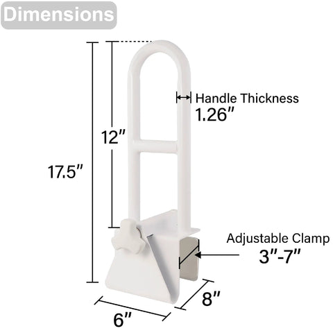 Diagram of Adjustable Bathtub Safety Rail Grab Bar For Shower With Secure Padded Clamp Stainless Steel White Mobility Aid