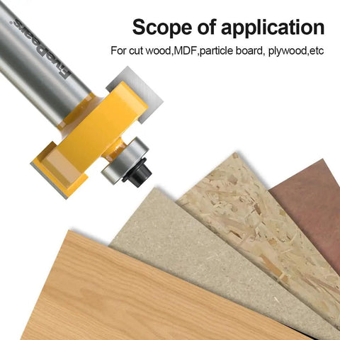 Knockout Quality 1/2 Inch Shank Rabbet Router Bit Set With Six Interchangeable Depth Bearings And Precision Carbide Cutters on various wood materials.