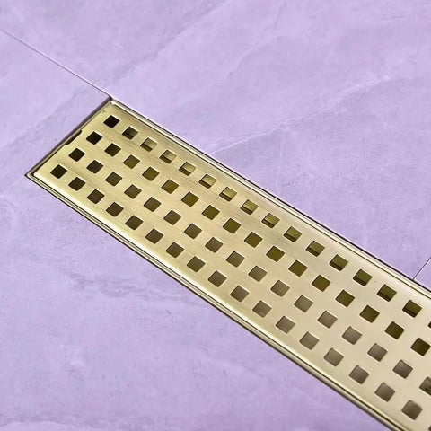 24 Inch Linear Shower Drain With Removable Cover Grid And Hair Catcher Brushed Gold Stainless Steel Trench Floor Drain