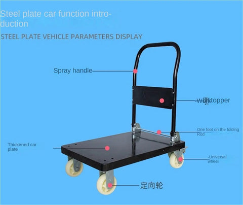 Heavy Duty Flatbed Cart Folding Platform Truck With Metal Handle For Warehouse And Garage Rugged Moving Cart With Extra Large Wheels Black Coated Steel Easy Glide Built To Haul Heavy Loads On Rough Terrain. Black steel flatbed cart with folding handle and caster wheels