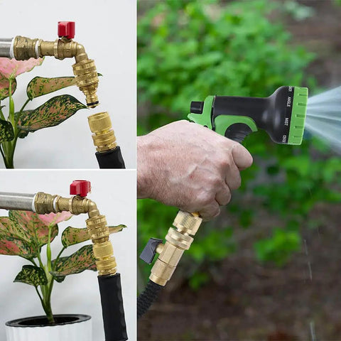 Solid Brass Garden Hose Quick Connect Set Heavy Duty Three Quarter Inch GHT Connectors used for watering plants in garden