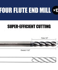 Four-flute carbide end mill side view; 1/8" diameter, 1/2" flute length, 1-1/2" overall length for steel milling.
