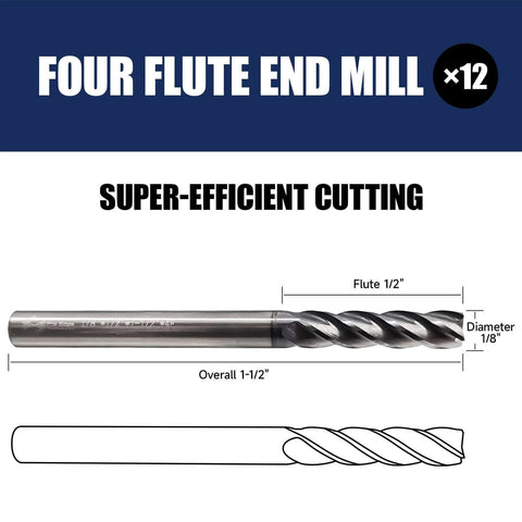 Four-flute carbide end mill side view; 1/8" diameter, 1/2" flute length, 1-1/2" overall length for steel milling.