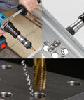 User operating Pro Cordless Tapping Gun Machine With 21V Battery And ANSI Collets for threading in a metal surface.