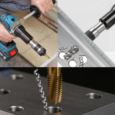 User operating Pro Cordless Tapping Gun Machine With 21V Battery And ANSI Collets for threading in a metal surface.