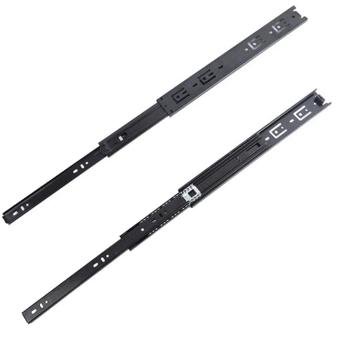Rugged 18 Inch Full Extension Drawer Slides With Ball Bearings For Side Mount Cabinets Four Pack Black Steel Rails, showing top and bottom views.