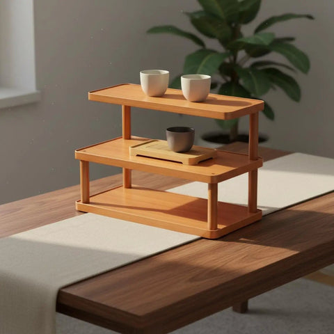 Clean 3 Tier Bamboo Cup Organizer Rack And Sharp Countertop Mug Stand For Coffee Bar Kitchen Office Storage Shelf With 6 Grid Wood Holder Setup Vibe on a wooden table with coffee cups.