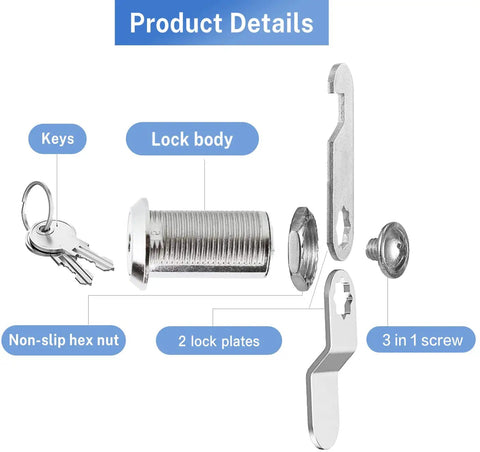 Pro Grade Zinc Alloy Cam Locks Keyed Alike 1 1/8 Inch Cylinder parts including keys, lock body, and plates for RV cabinetry.