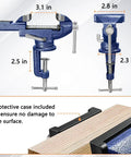 Heavy Duty Table Vise With 360 Degree Swivel Top And Built In Anvil, 3.1 Inch Jaw Opening, clamp on bench vise shown from multiple angles with measurements