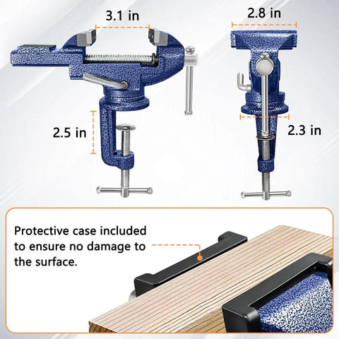 Heavy Duty Table Vise With 360 Degree Swivel Top And Built In Anvil, 3.1 Inch Jaw Opening, clamp on bench vise shown from multiple angles with measurements
