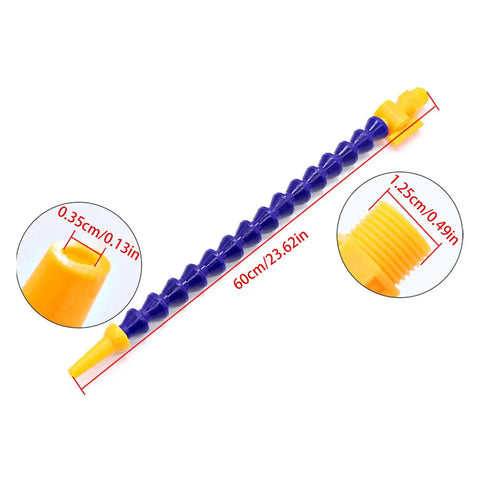 Heavy Duty Flexible Coolant Hose For Machine Shops Straight Up Rock Solid Water And Oil Delivery Tube With Swivel Threaded Ends, 60cm tube with yellow ends.