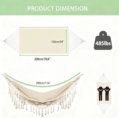 Double Hammock With Macrame Cotton Boho Chic Outdoor Lounge Portable, showing dimensions and 485 lbs capacity