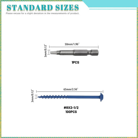 101 Piece Pocket Hole And Deck Screw Kit With Size Eight Two And A Half Inch Screws, Square Drive, Blue Anti Rust Coated Exterior Wood Screws For Decks Fences And Outdoor Projects, All In One Storage Box Included And Driver Bit showing driver bit and blue screw with measurements