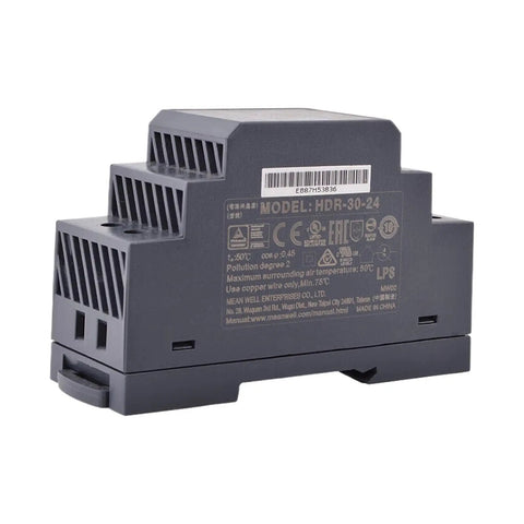 Compact Din Rail Mount Power Supply 24Vdc 1.5A 36W Ac To Dc Converter black housing with label and ventilation slots.