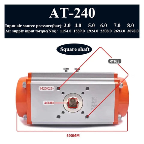 Rock Solid Pneumatic Ball Valve Actuator With Reliable Ninety Degree Rotation And Heavy Duty Air Cylinder Build For Smooth Pipeline Control And No Hassle Industrial Job Sites, featuring square shaft and input specifications.