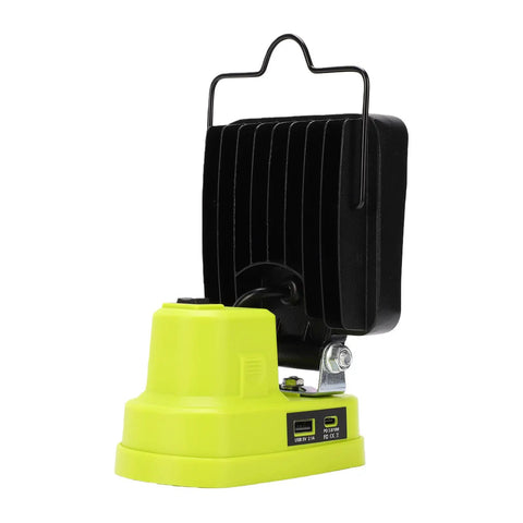 GOWENIC Cordless Floodlight, 6000lm Brightness, 360 Degree Rotating Head, side view showing battery compatibility ports and rotatable design.