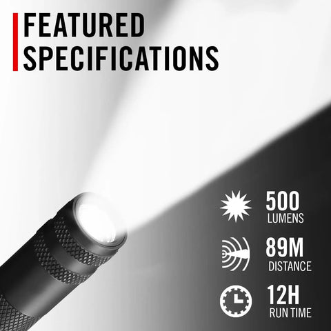 Rechargeable 500 Lumen LED Penlight With Twist Focus For Everyday Carry And Medical Law Enforcement Pilots And Military Compact Pocket Size In Green showing luminous beam, 500 lumens output, 89m distance, 12h run time.