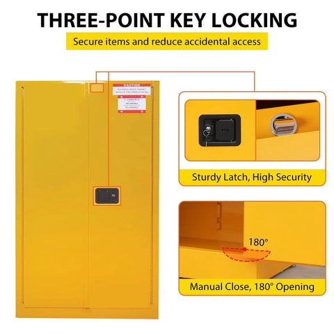 Rock Solid OSHA Compliant Flammable Safety Cabinet With Double Wall Yellow Galvanized Steel featuring a three-point key locking for secure storage.