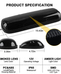 Product specifications of Three Piece Smoked Amber Cab Roof Marker Lights Kit With 30 LED For 2002 To 2007 Chevy Silverado And GMC Sierra Trucks Cab Lights Replacement For 1500 1500HD 2500 2500HD 3500 Models showing dimensions and materials.