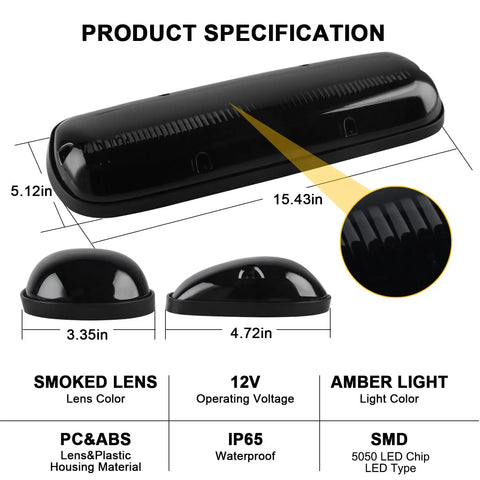 Product specifications of Three Piece Smoked Amber Cab Roof Marker Lights Kit With 30 LED For 2002 To 2007 Chevy Silverado And GMC Sierra Trucks Cab Lights Replacement For 1500 1500HD 2500 2500HD 3500 Models showing dimensions and materials.