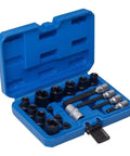 Solid 17 Piece Brake Caliper Socket Set Made From Heavy Chrome Vanadium Steel With Hex Adapters For 1/2 And 3/8 Inch Ratchets Plus Tough Storage Case To Keep Your Garage Tools Nice And Organized. blue case open with brake caliper sockets and hex adapters