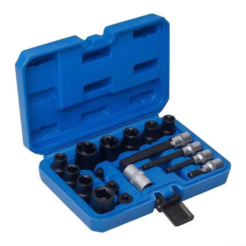 Solid 17 Piece Brake Caliper Socket Set Made From Heavy Chrome Vanadium Steel With Hex Adapters For 1/2 And 3/8 Inch Ratchets Plus Tough Storage Case To Keep Your Garage Tools Nice And Organized. blue case open with brake caliper sockets and hex adapters
