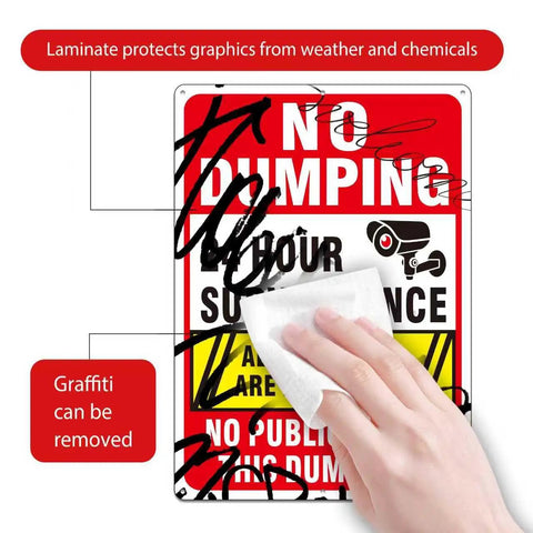 Catch Those Sneaky Trash Hogs With These 2 Pack Heavy Duty Aluminum No Dumping Signs Featuring Bold Print being wiped clean.