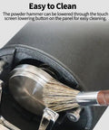 Close-up of Automatic Electric Coffee Tamper 58mm showing powder hammer for easy cleaning with a brush.