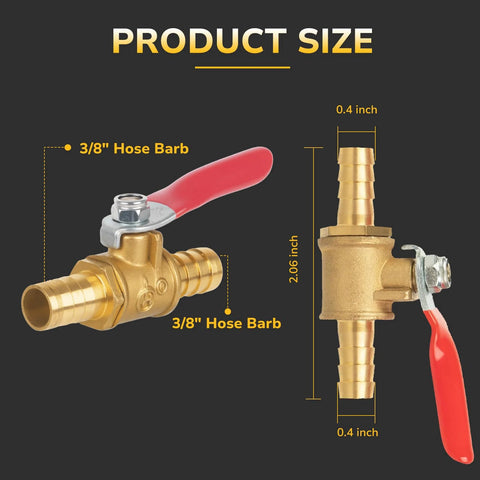 KAINGA 3/8 in barb shut-off brass ball valve with red lever; front and side views; 2-pack with 4 stainless clamps