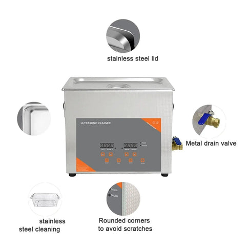 Heavy Duty 10L Ultrasonic Cleaner With Digital Timer And Heater For Lab Hardware Degreasing Stainless Steel Tank Adjustable Power Wash Small Parts Effectively with stainless steel lid and metal drain valve.