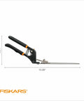 Side view of 5 Inch Serrated Blade Grass Shears With Power Lever Technology, aluminum handle, measuring dimensions visible