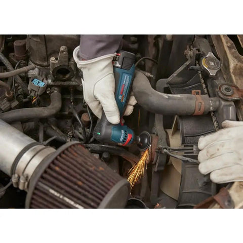 Compact 12 Volt Max Brushless Right Angle Die Grinder With Variable Speed Trigger And Five Speed Options used in automotive repair, precision grinding in tight areas.