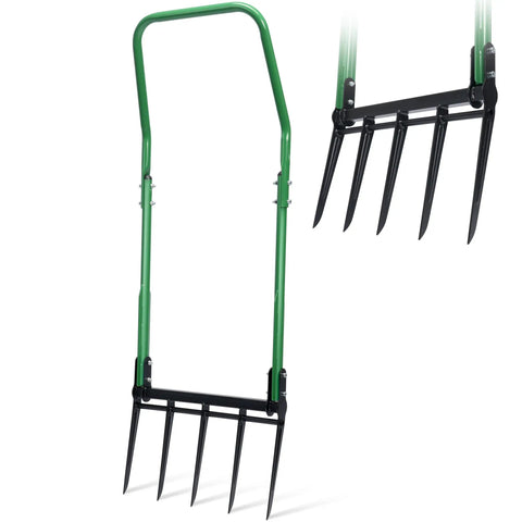 Five Tined Broad Fork Garden Tool For Deep Digging And Soil Cultivation With Heavy Duty Build And Ergonomic U Shaped Handle
