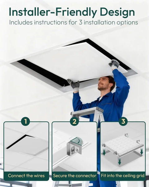 Technician installing 2x2 LED Flat Panel Light With 3CCT And Dimming, Choose 20W 30W Or 35W, No Fuss 0 To 10V Dimmable Drop Ceiling Fixture
