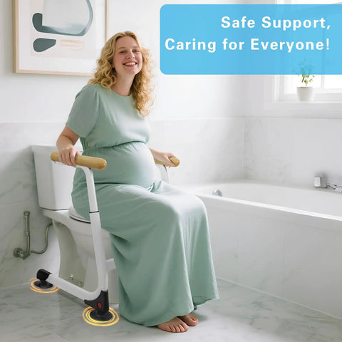 Adjustable Height Toilet Safety Rails With Wood Finishes Big Time 350 Lb Support For Seniors And Mobility Needs in bathroom.
