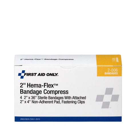 Box containing 2-Inch Non-Adherent Pad on 2-Inch By 36-Inch Stretched Gauze Bandage, All-In-One Hema-Flex Bandage Compress Pack