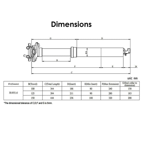 Diagram of EXA Form Trail Ready Dropper Post Suspension Seatpost With 40mm Travel And 30.9mm Or 31.6mm Diameters