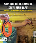 Person using 50 Foot Electrical Fish Tape Pro Grade With Steel Wire Puller, Double Loop Tip, for wiring installation in construction.
