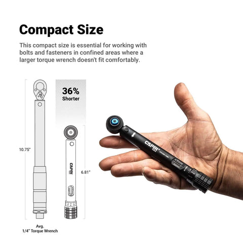 Quarter Inch Drive Mini Torque Wrench Set For Tight Spots From 30 To 140 Inch Pounds shown in hand for size reference